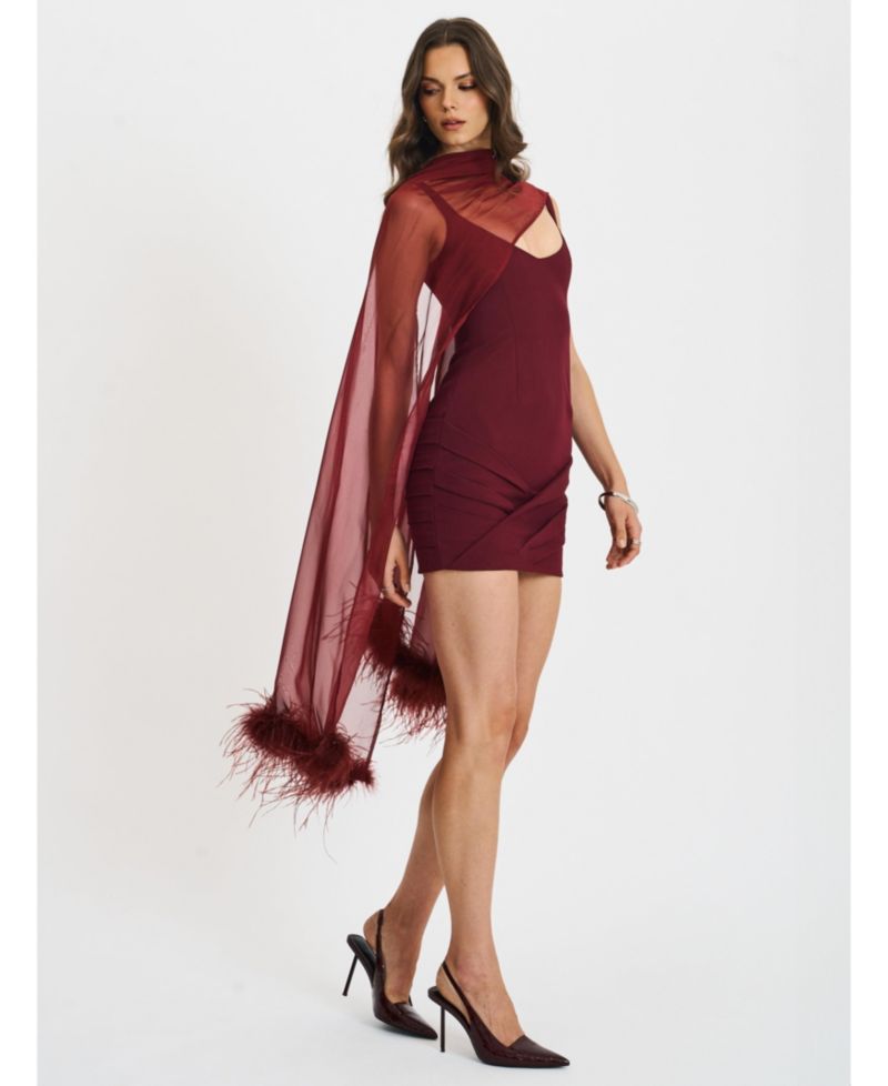 Women's Tori Wine Red Pleated Mini Dress with Chiffon Scarf