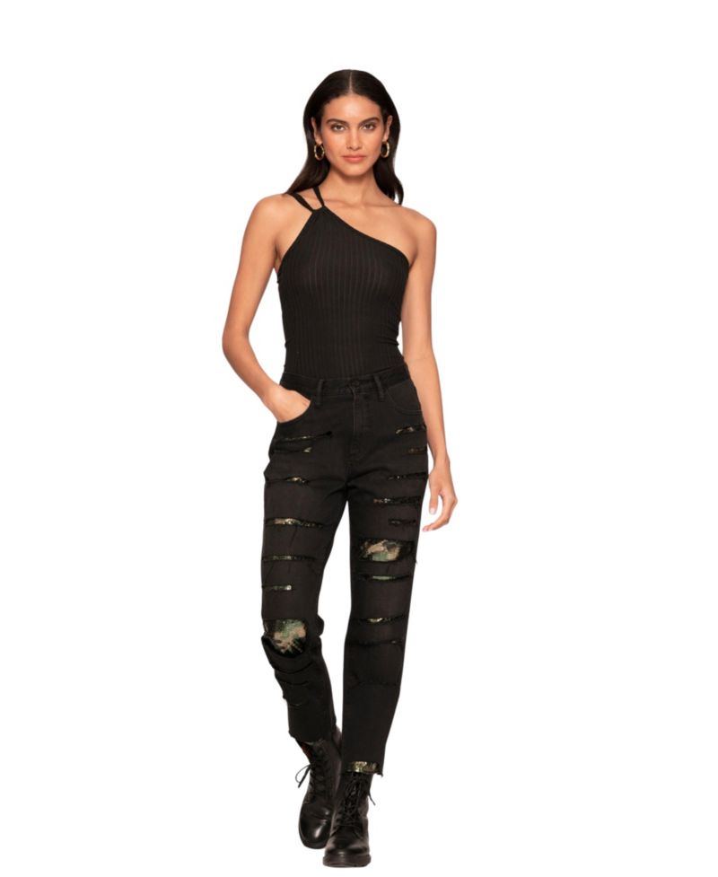 Women's High Rise Camo Sequin Straight Leg Jeans