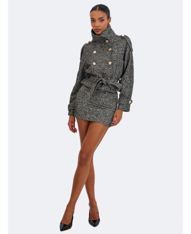 Women's Sadie Black and White Tweed High Collar Belted Mini Jacket