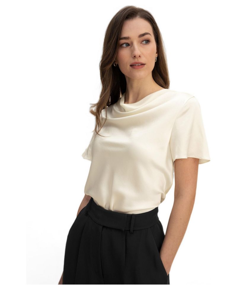 Women's Cowl Neck Short Sleeves Silk T-Shirt