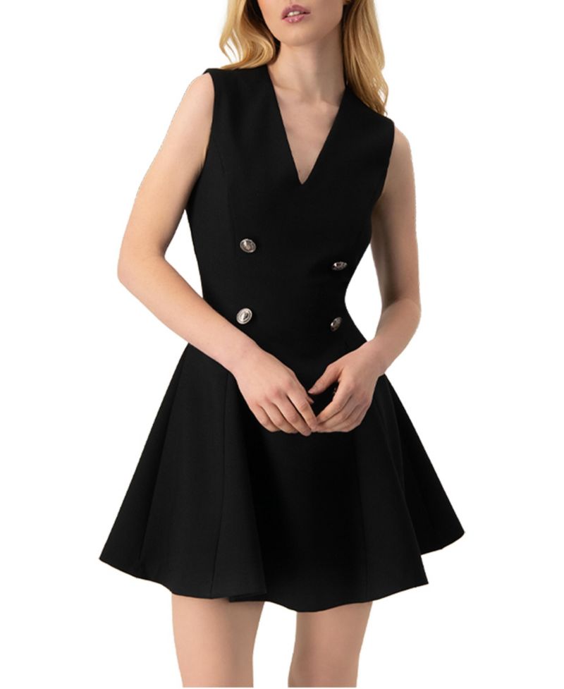 Women's Sleeveless Black Six Button Mini Dress
