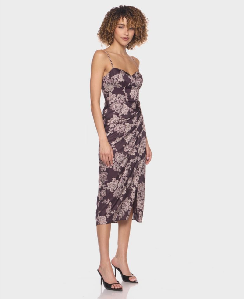 Juniors' Sweetheart Neck Printed Satin Midi Dress with Spaghetti Straps Skirt Slit