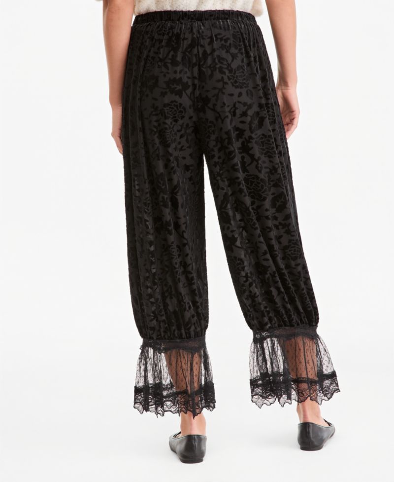 Women's Velvet Burnout Wide-Leg Lace-Trim Pants