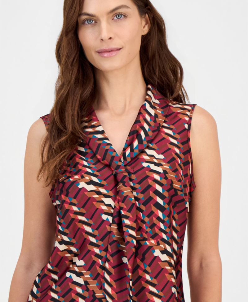 Plus Size Sailor Tie Sleeveless Geometric-Print Blouse