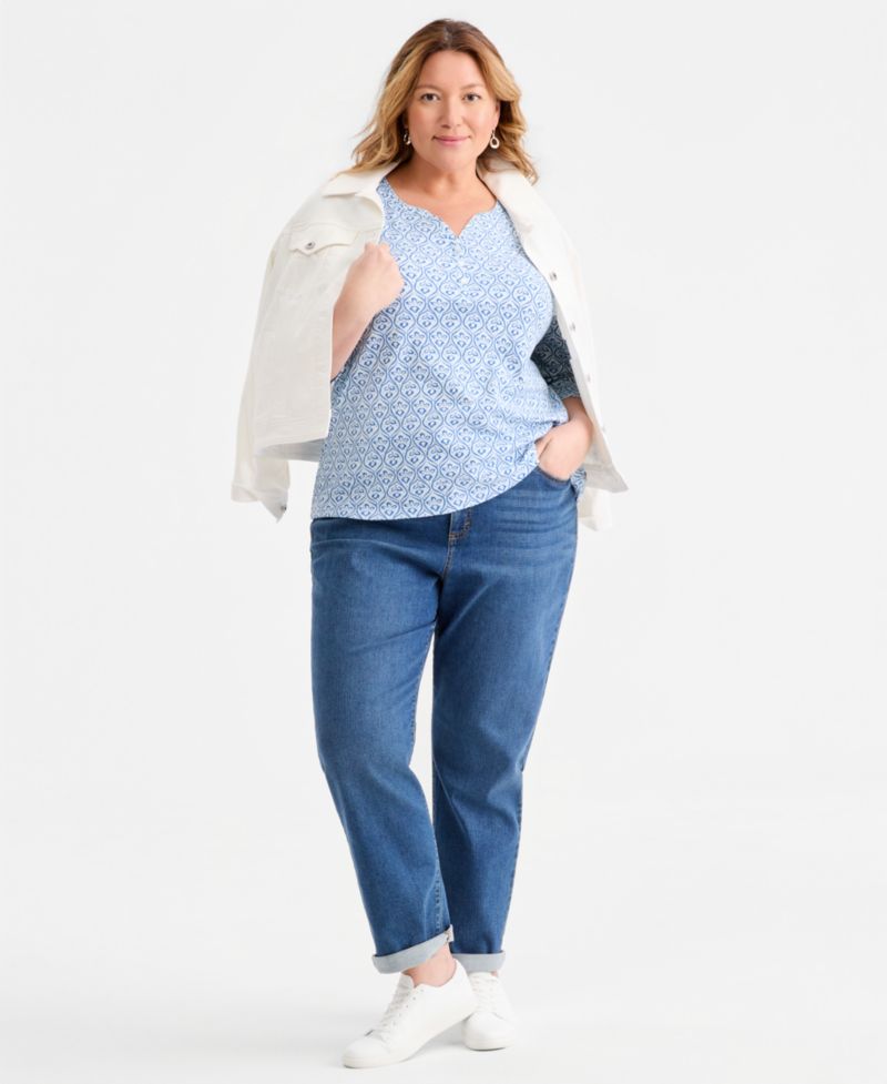 Petite Printed 3/4-Sleeve Henley Top