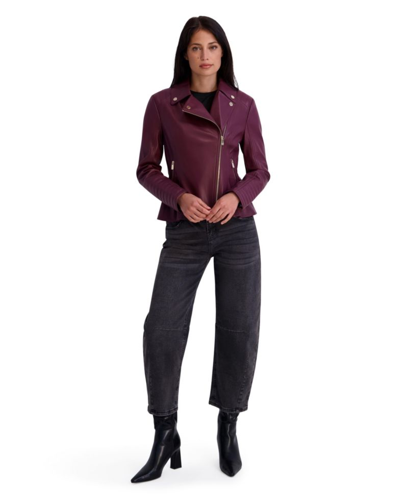 Women's Faux Leather Moto Jacket With Peplum and Quilted Details