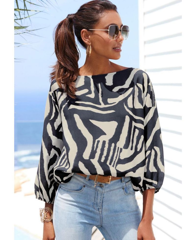 Women's Abstract-Print Boat-Neck Balloon-Sleeve Blouse