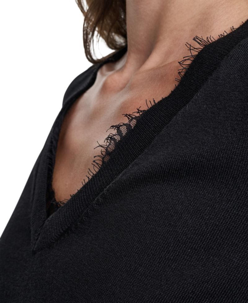 Women's Lace Trim Crewneck Short-Sleeve Cotton Sweater