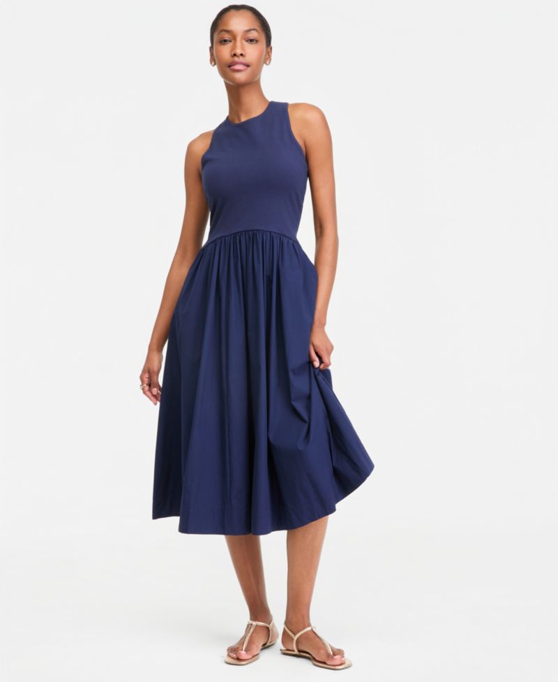 Women's Curved-Waist Mixed-Media Midi Dress