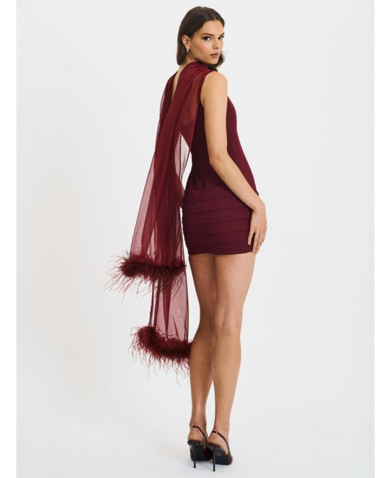 Women's Tori Wine Red Pleated Mini Dress with Chiffon Scarf