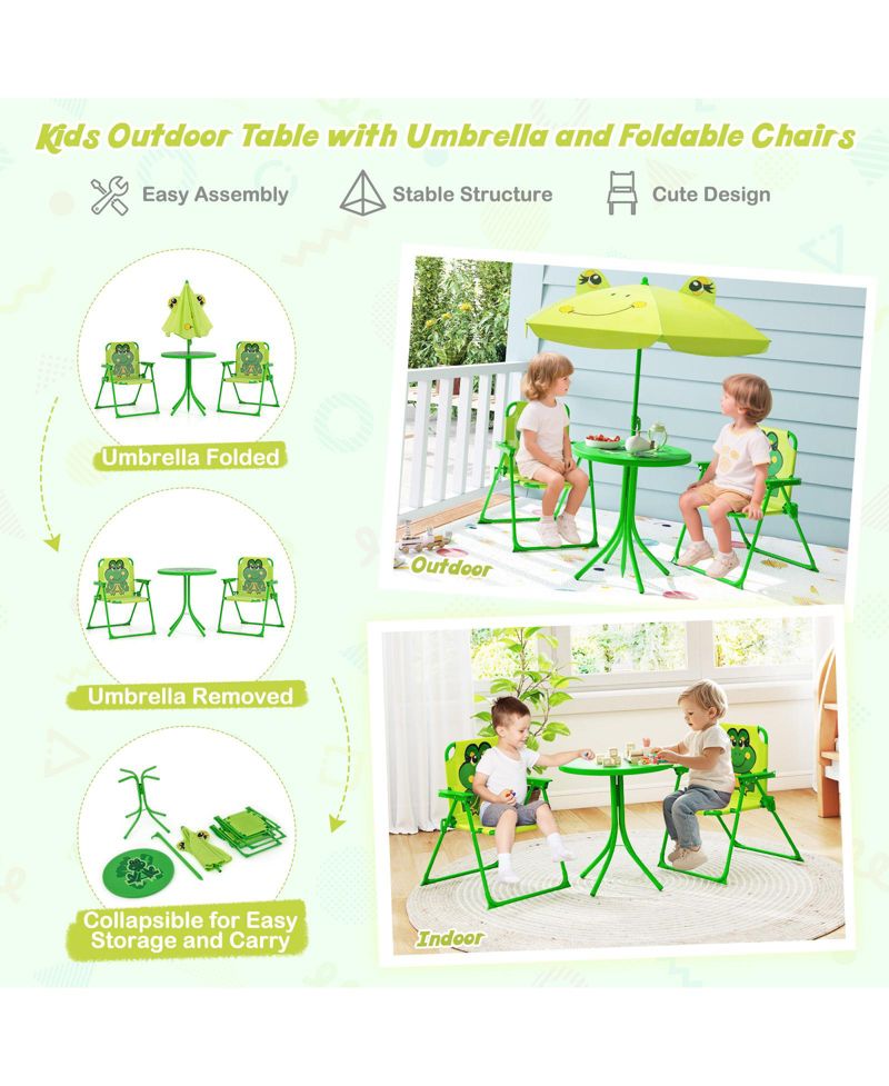 Kids Picnic Table and Chair Set w/ 2 Folding Chairs and Height Adjustable Umbrella