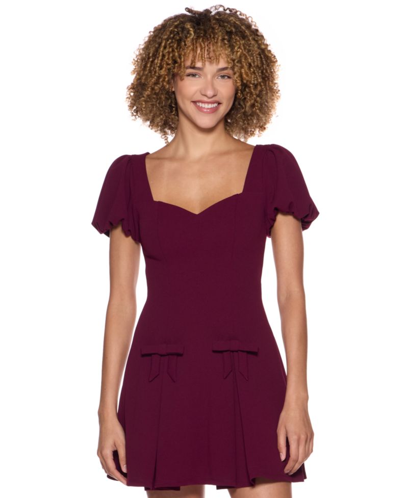 Juniors' Puff Sleeve Fit and Flare Dress