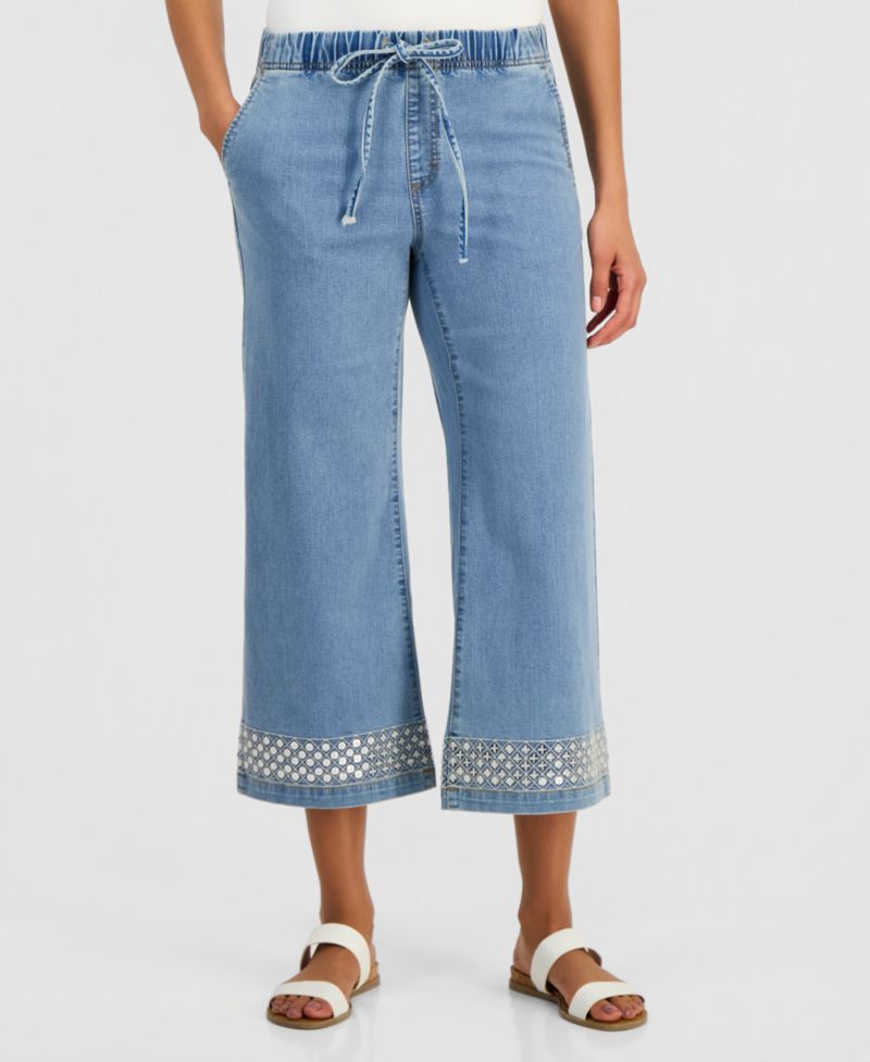 Women's Sequined Pull-On High-Rise Cropped Wide Leg Jeans