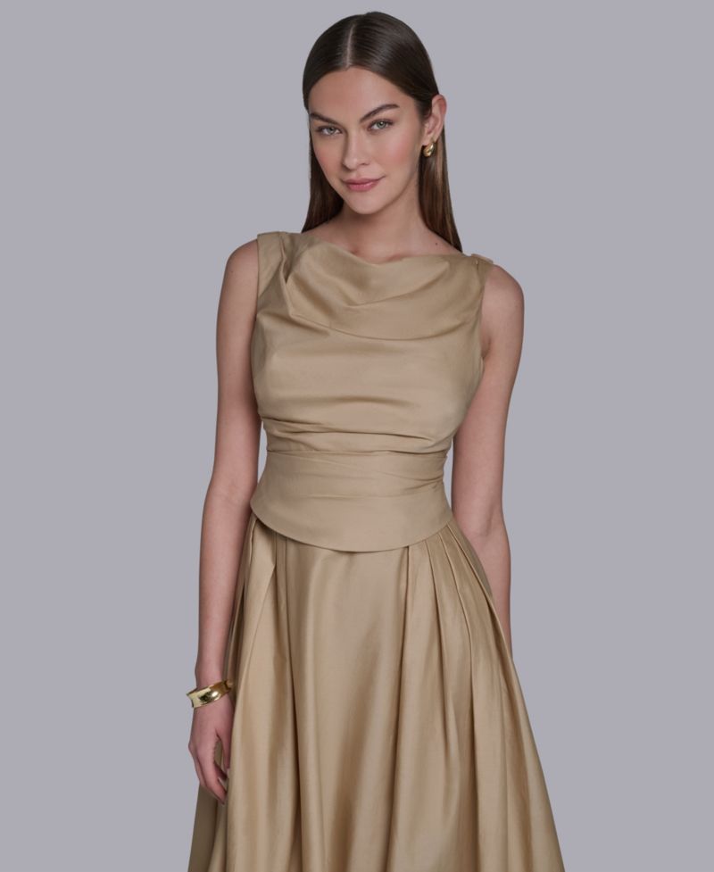 Women's Boat Neck Sleeveless Pleated Midi Dress