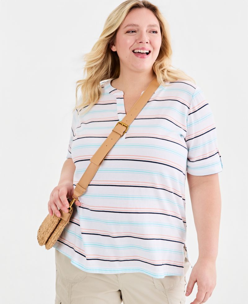 Plus Size Printed Roll-Tab Split-Neck Elbow-Sleeve Tunic