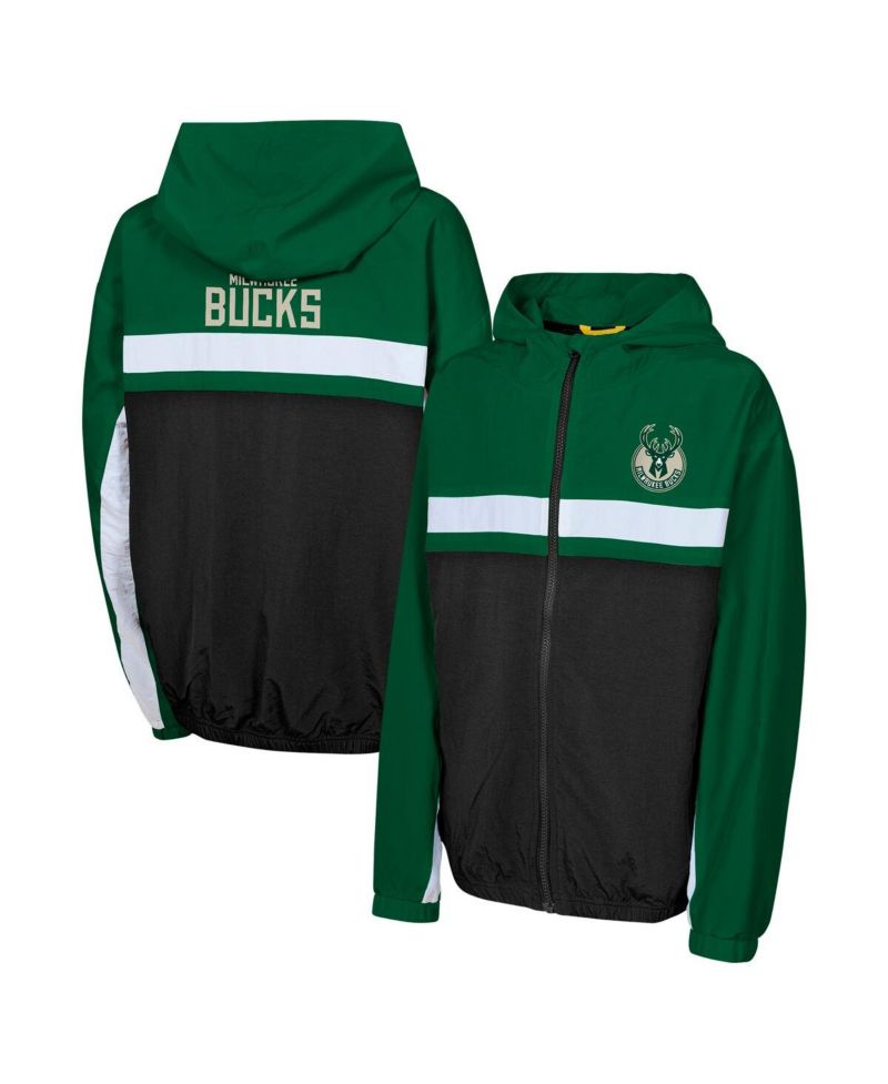 Big Boys and Girls Hunter Green Milwaukee Bucks Headliner Windbreaker Full-Zip Hoodie Jacket