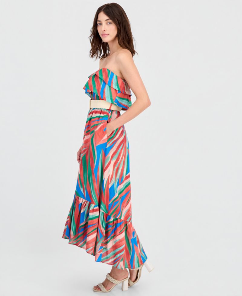 Women's Strapless Tropical Ruffled Maxi Dress