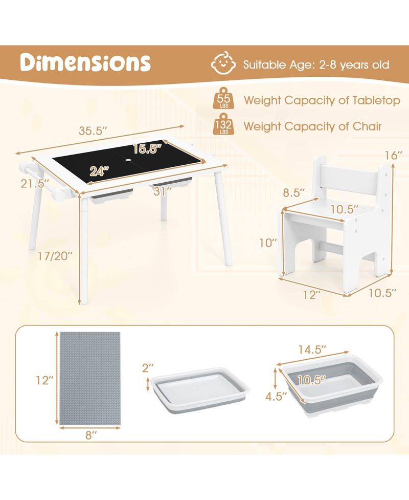 Ages 2-8 Multi-Use Activity Table and Chair with Foldable Bins, 2-Piece Set