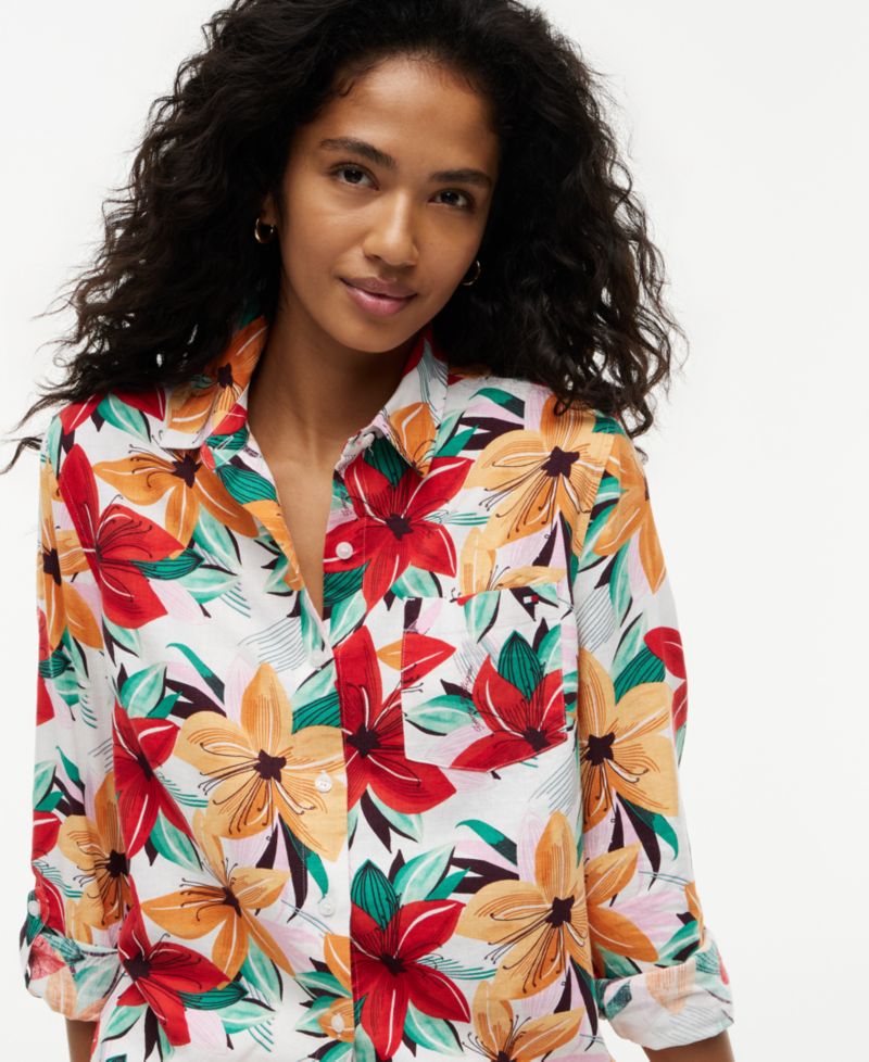 Women's Long-Sleeve Linen Blend Collared Printed Shirt