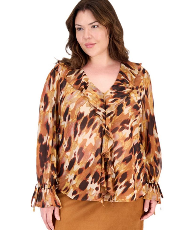 Plus Size V-Neck Long-Sleeve Ruffle Blouse