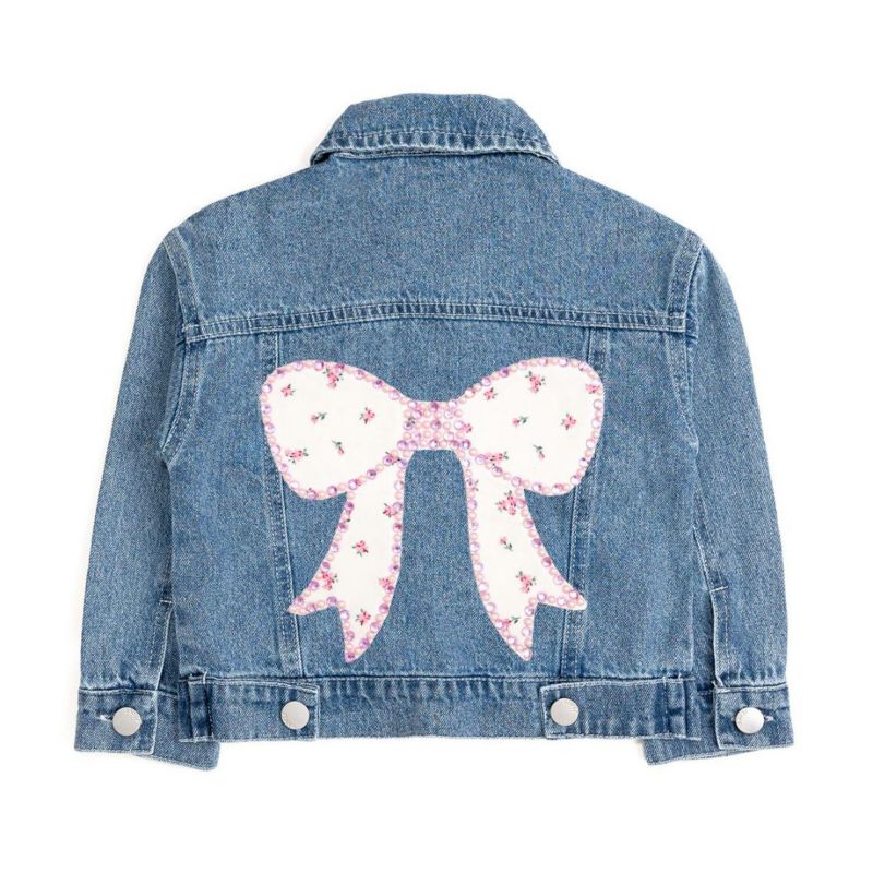 Little Girls Pearl and Gemstone Floral Bow Patch Denim Jacket