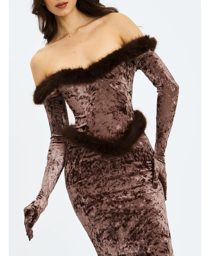 Women's Tessa Coffee Sweetheart Bardot Faux Fur Velvet Mermaid Maxi Dress