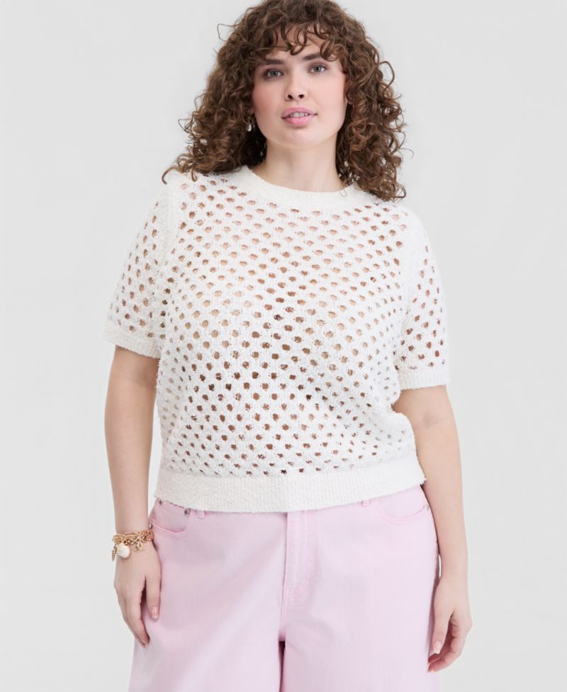 Trendy Plus Size Open-Knit Short-Sleeve Sweater