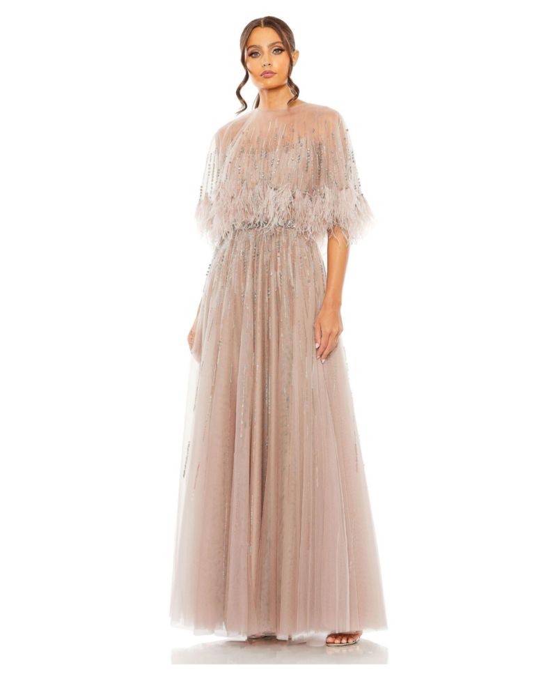 Women's Embellished A Line Dress with Feather Detail Cape