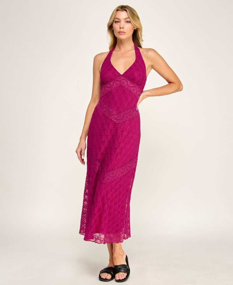 Juniors' Lace Detail Halter Neck Midi Dress
