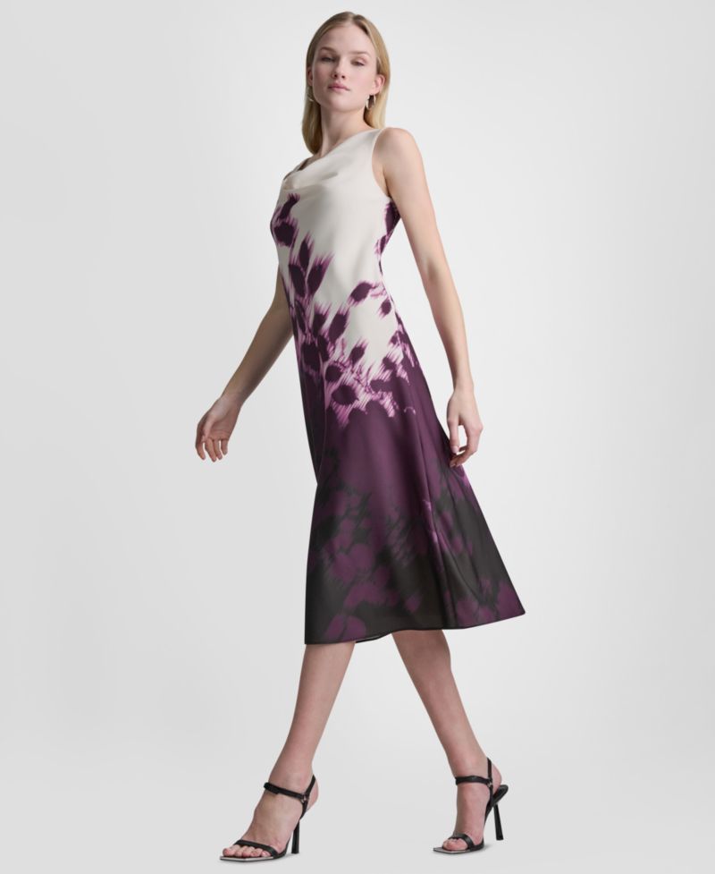 Women's Printed Sleeveless Cowl Neck Midi Dress