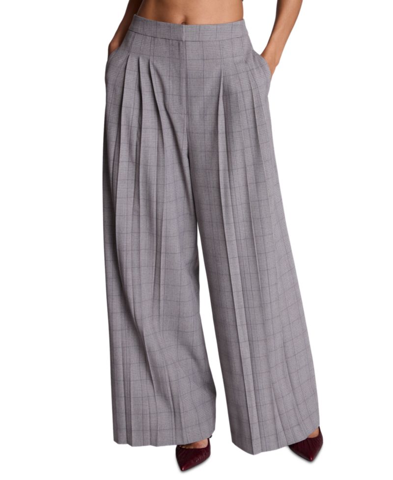 Women's Boyfriend High Rise Triple Pleat Wide Leg Plaid Pants