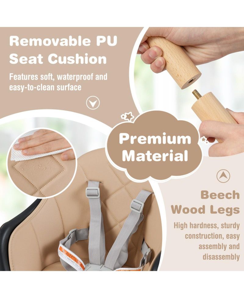 Baby 6-in-1 Beech Wood Convertible High Chair with Adjustable Footrest and Double Tray