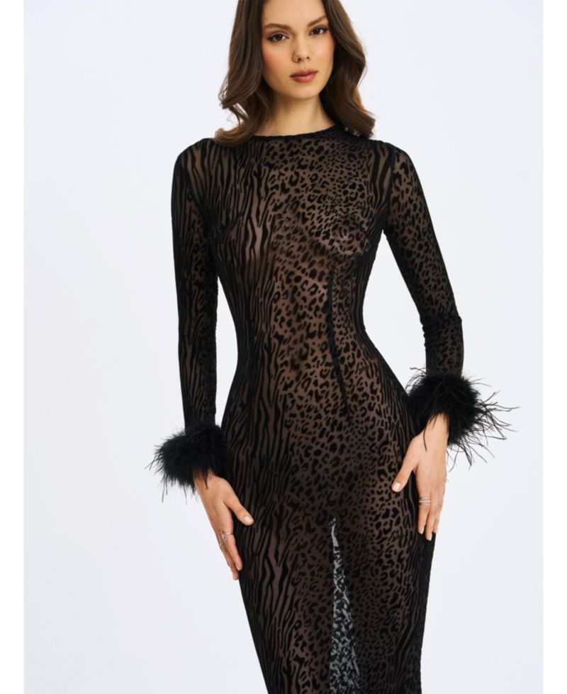 Women's Patricia Black Leopard Burnout Velvet Mesh Backless Maxi Dress