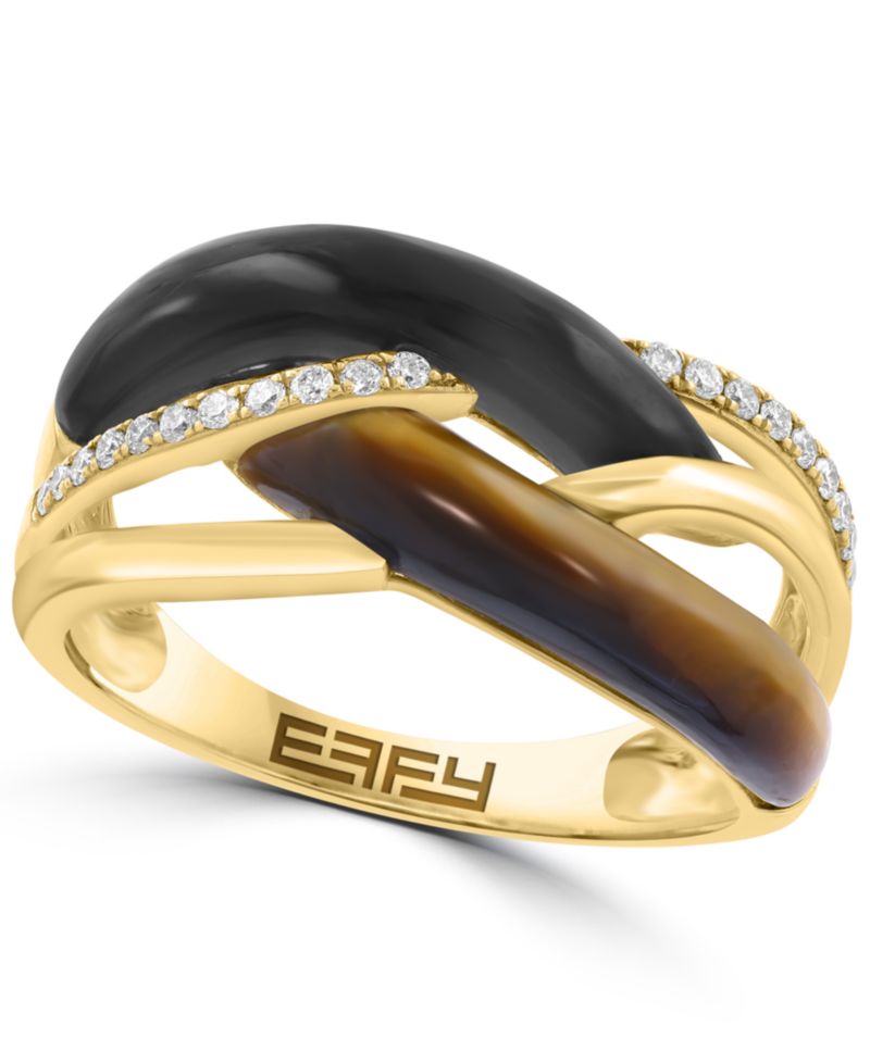 Diamond (1/8 ct. t.w.), Tigers Eye (1-7/8 ct. t.w.) & Onyx Ring in 14k Yellow Gold