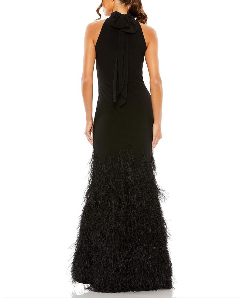 Women's Jersey Halter Gown with Feather Tiered Detail