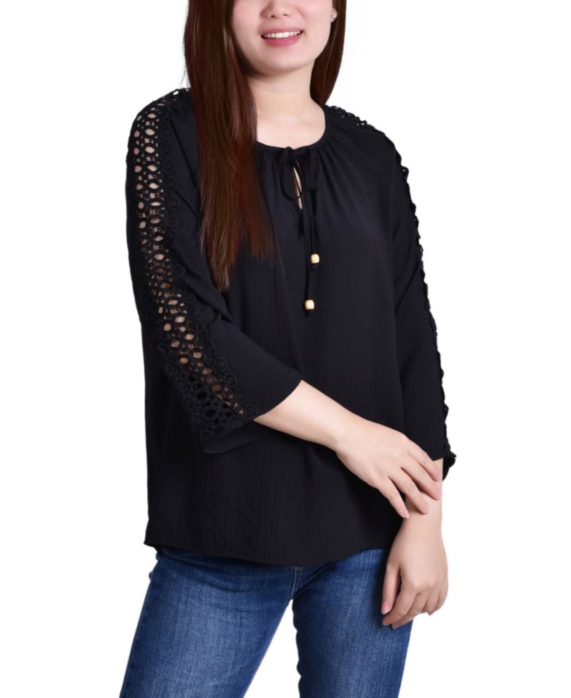 Petite Crochet Detail 3/4 Sleeve Blouse