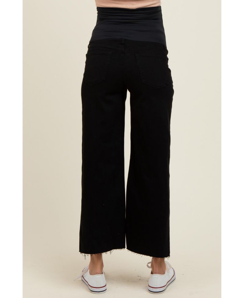 Women's Black Raw Hem Cropped Wide Leg Jeans