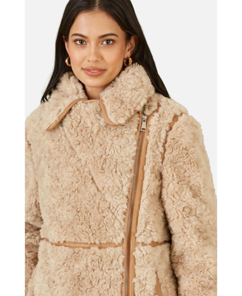 Women's Textured Borg Long Line Biker Coat