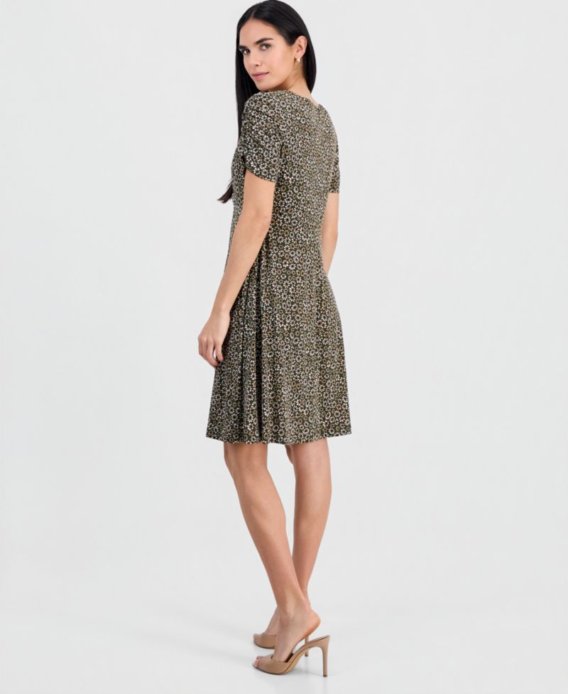 Petite Ruched-Sleeve Crossover-Neck Dress