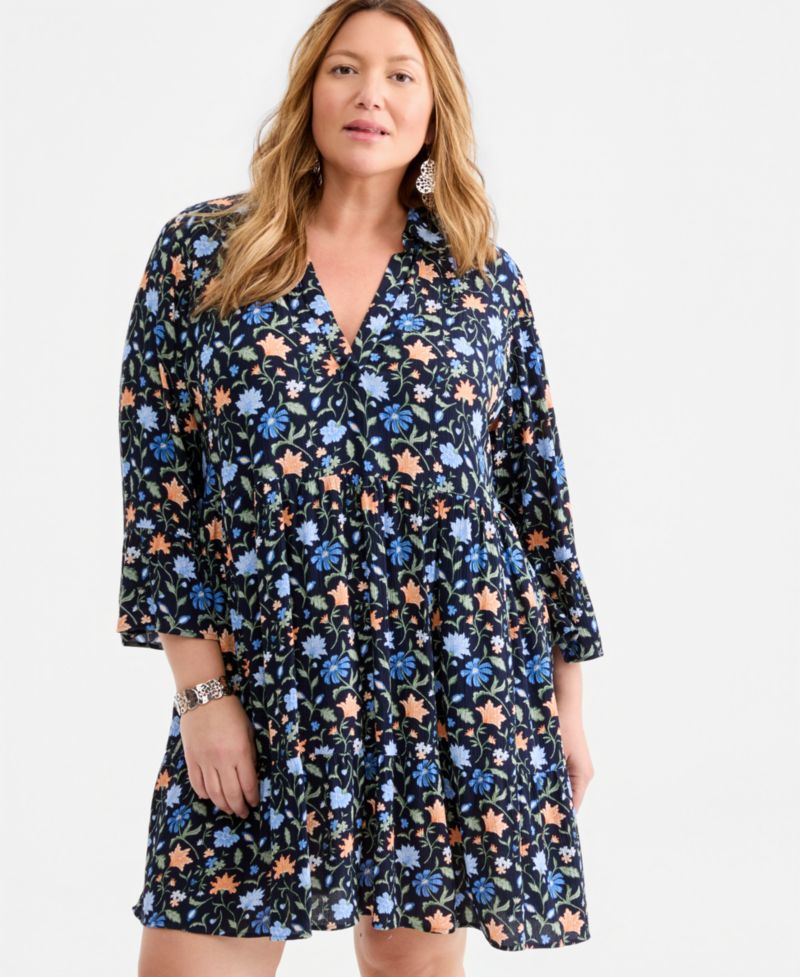 Plus Size Printed V-Neck 3/4-Sleeve Tiered Dress