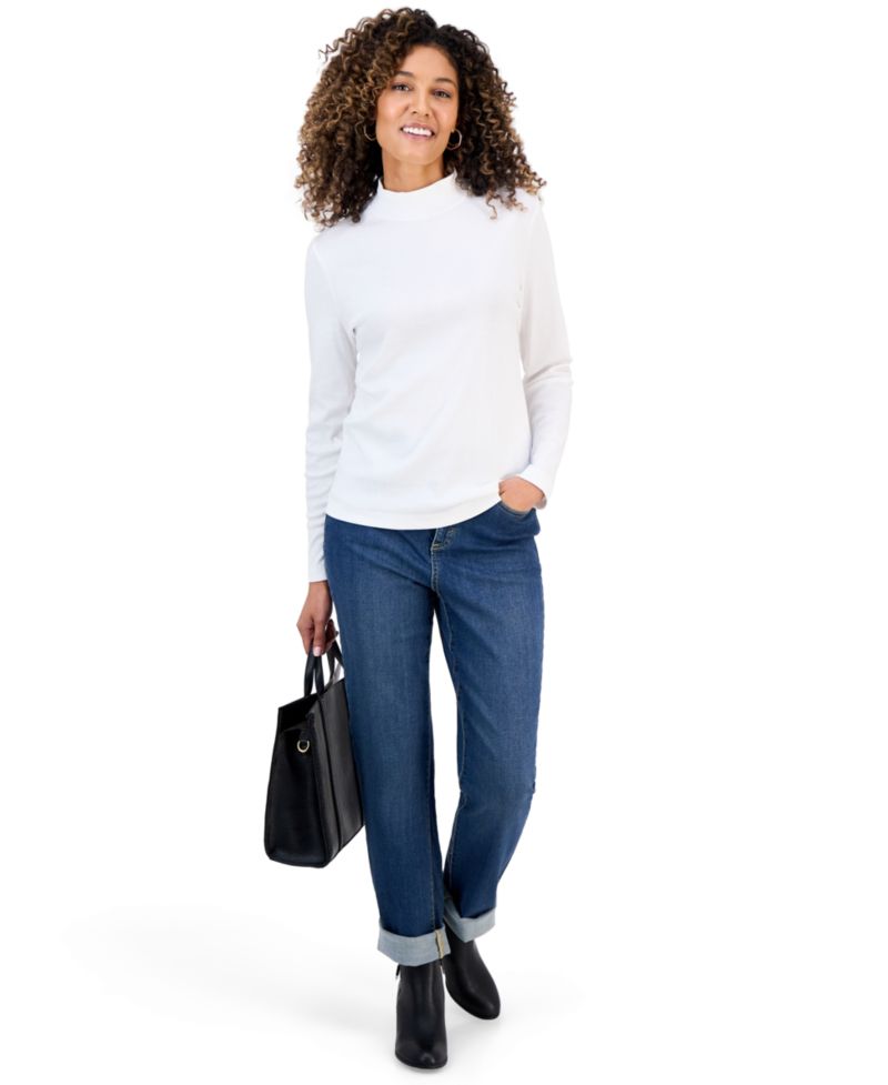 Petite Mock-Neck Cotton Long-Sleeve T-Shirt