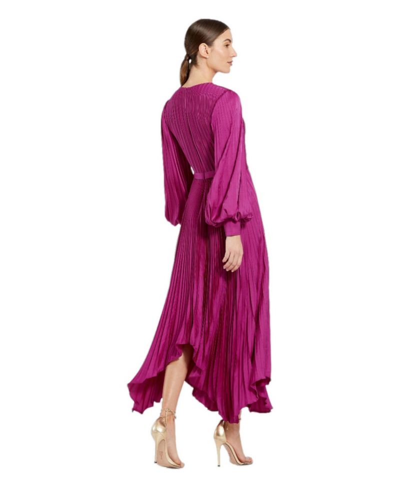 Petite Long Sleeve Pleated Charmeuse Handkerchief Midi Dress