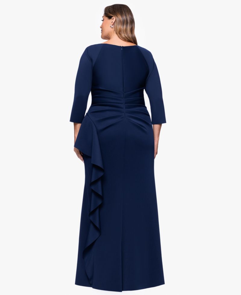 Plus V-Neck Ruffled Side-Slit Scuba Gown