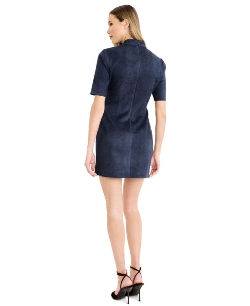 Women's Faux Suede Elbow Sleeve Mock Neck Mini Dress