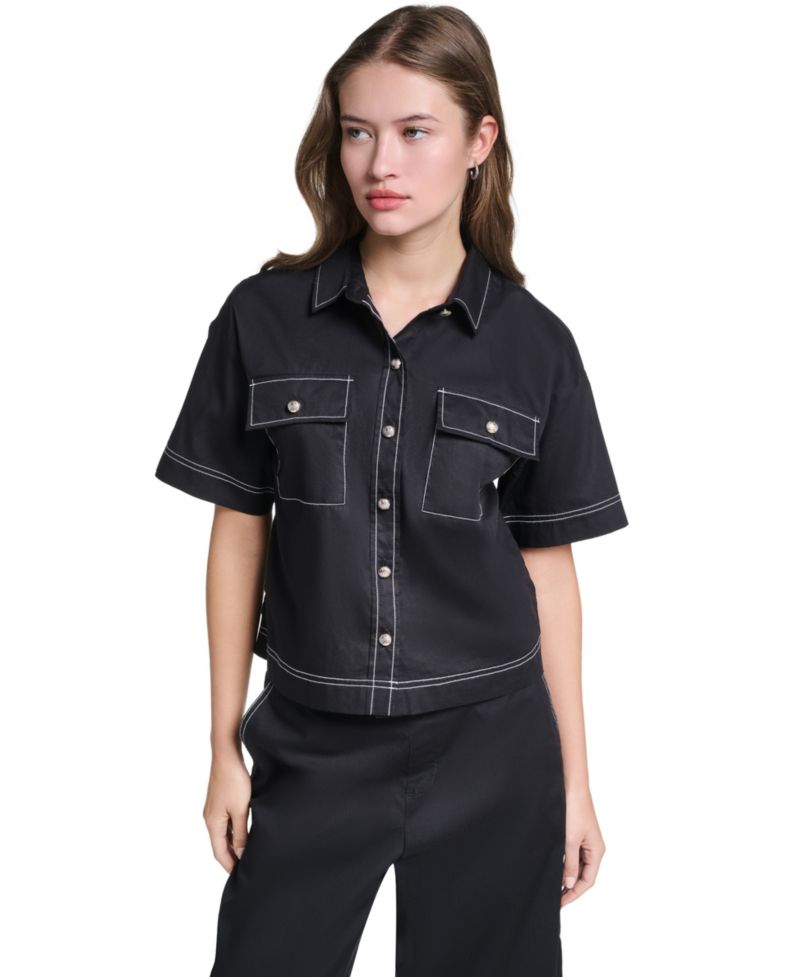 Women's Cropped Poplin Button-Front Blouse