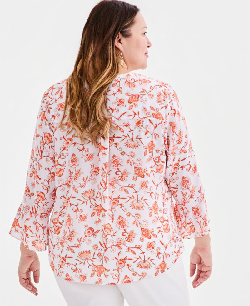 Plus Size Printed Pintuck Bell-Sleeve Top
