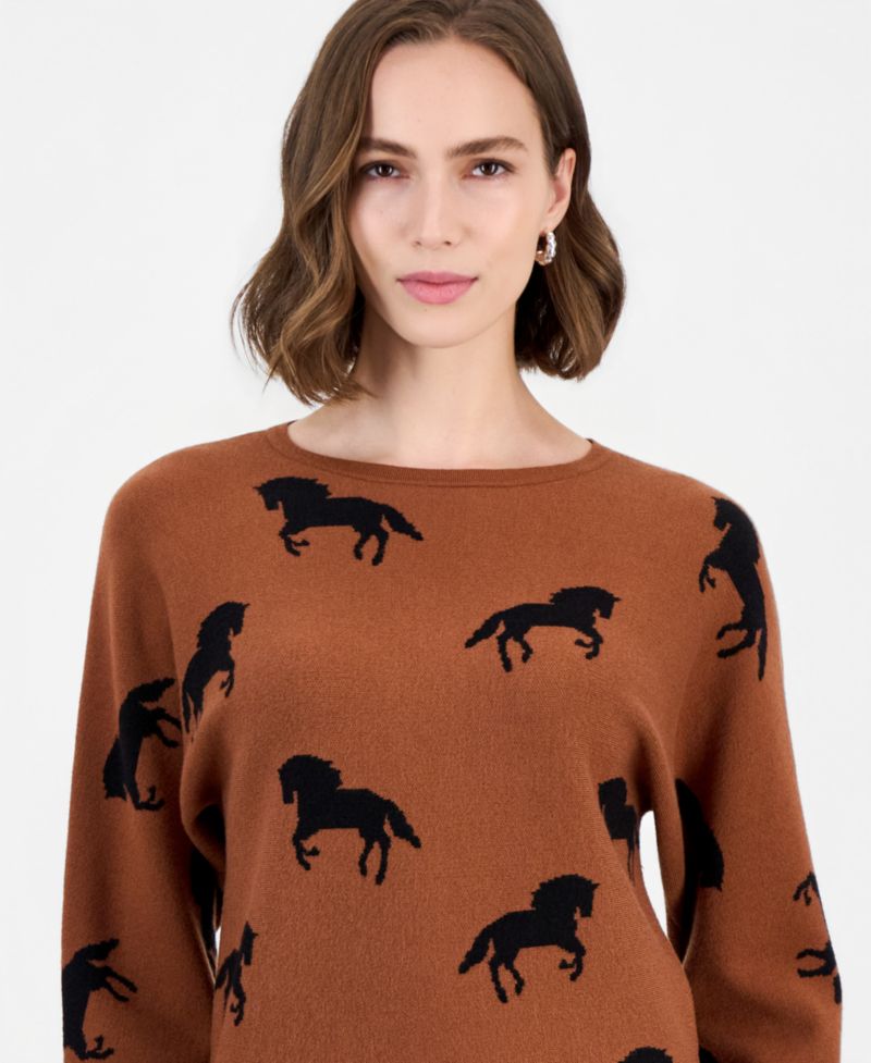 Women's Dolman Sleeve Crewneck Horse Jacquard Pullover Sweater