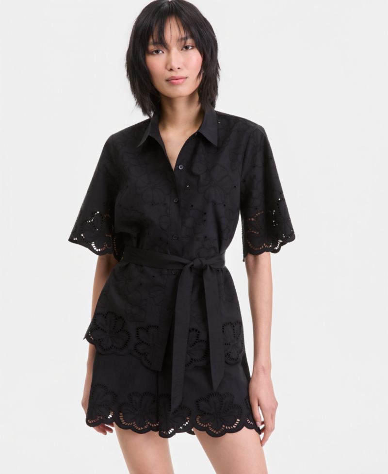 Women's Cotton Eyelet Tie-Waist Blouse