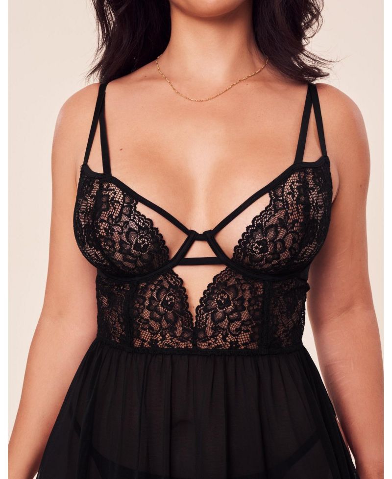 Plus Size Rae Unlined Babydoll and G-String Set Lingerie