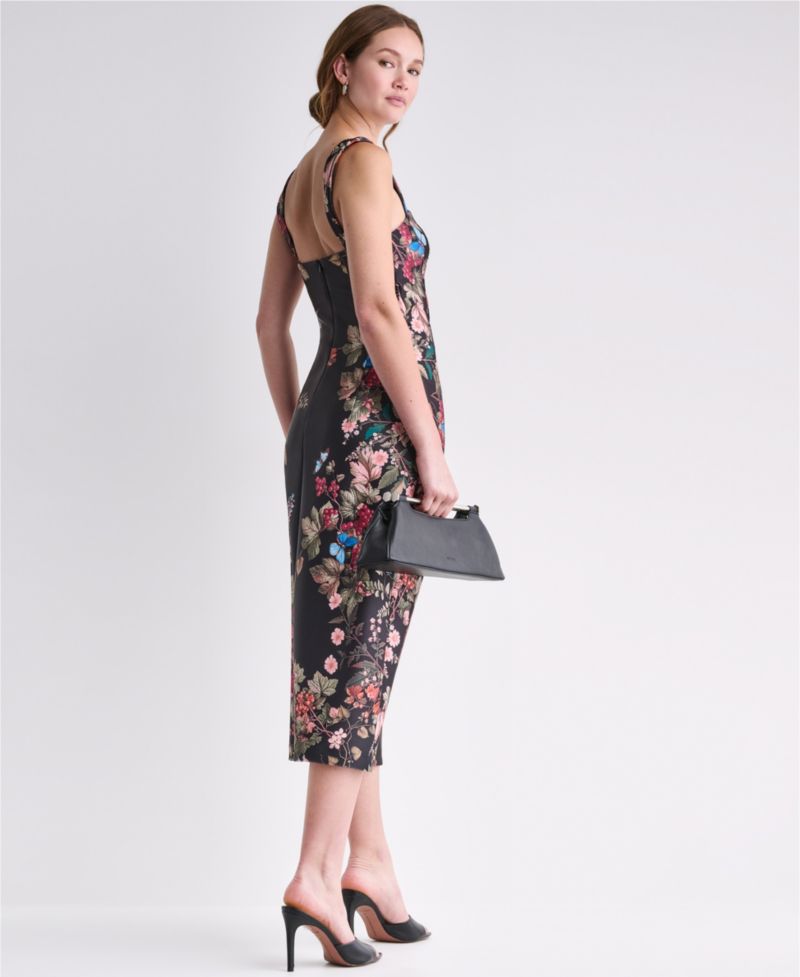 Women's Floral Print Square Neck Satin Midi Dress